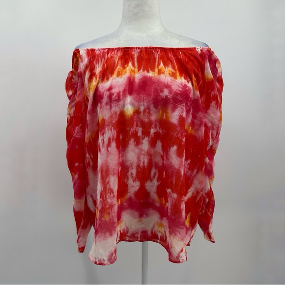 Calvin Klein Cinched Sleeve Chiffon Tie Dye Top Ginger Combo Sz L - Picture 4 of 11